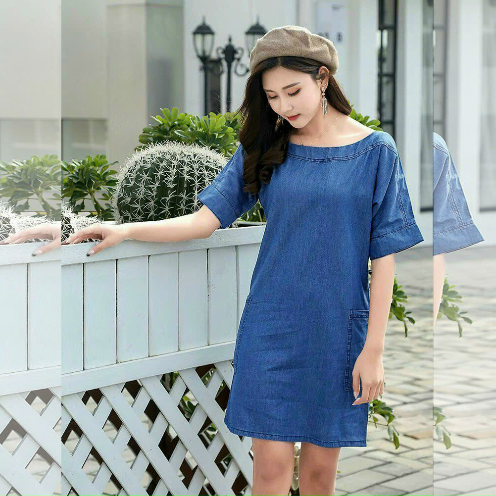 ĐẦM JEAN DENIM DÁNG XÒE CỔ SƠ MI PHỐI CARO